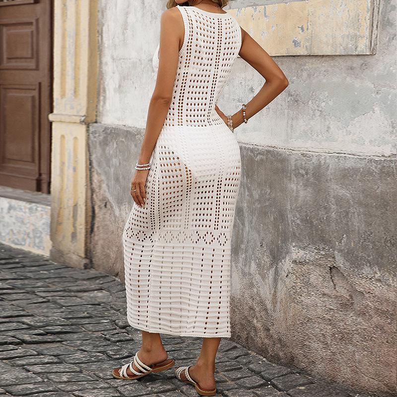 European and American Women's Hollow See-through Sexy Spaghetti Strap Waist-cinching Knit Dress