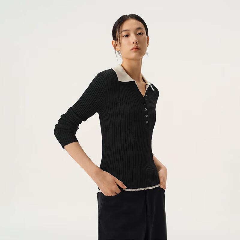 Women's Color-block Polo Neck Wool Sweater