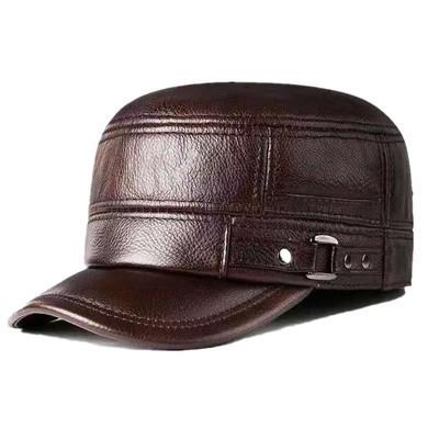 Korean Genuine Leather Cap - Autumn Winter Warm Cowhide Baseball Hat with Ear Flaps, Middle Aged Men Outdoor