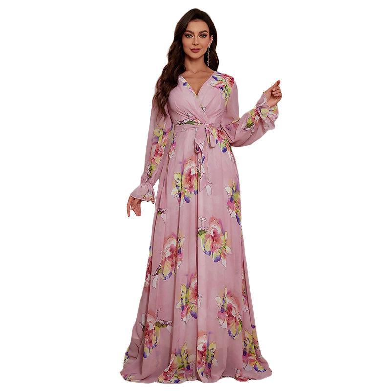 

Европейское шифоновое платье с принтом, приталенное, с рукавами-фонариками, вечернее Small розовый