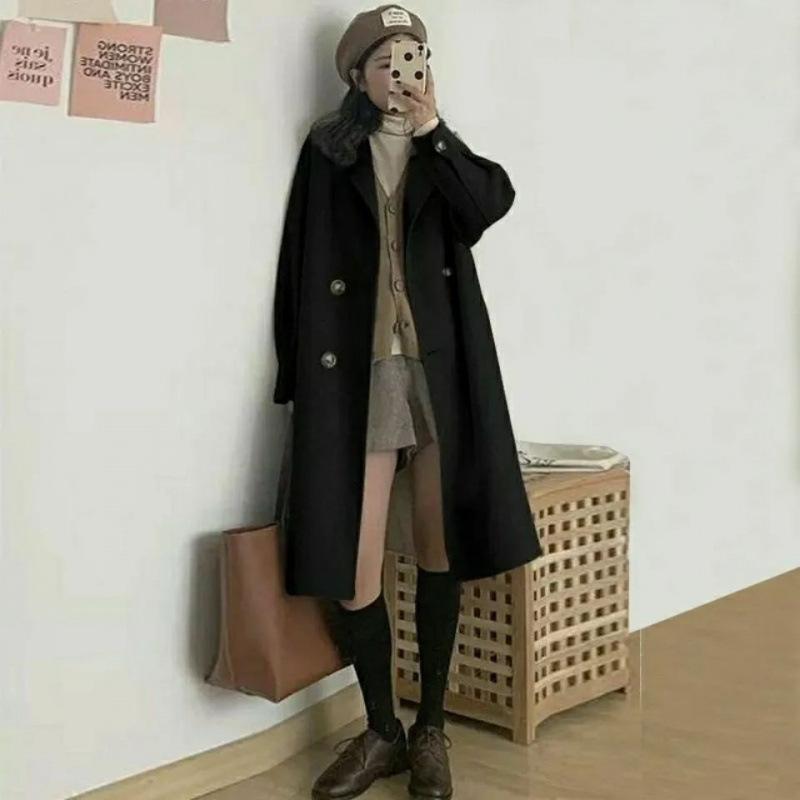 

Woolen Coat Autumn and Winter Korean Style Loose Casual Thickened Woolen Coat Women s Mid-length 3XL чёрный