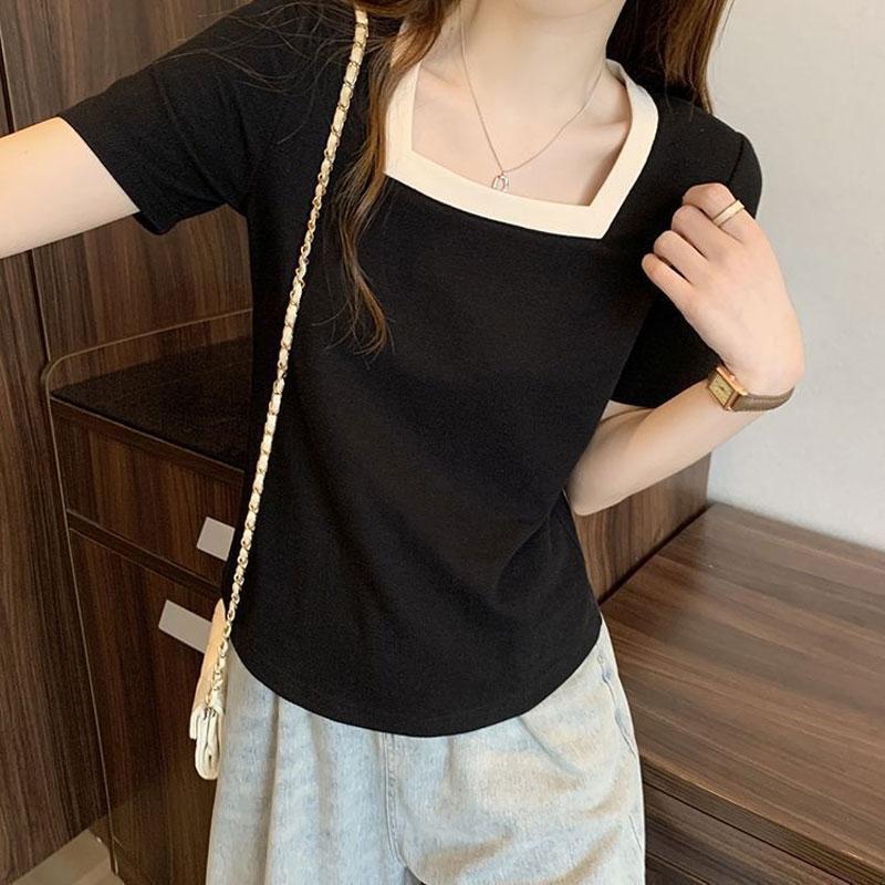 

Стильные пуловеры контрастных цветов, летняя новинка, элегантные, с квадратным вырезом, женская одежда, повседневные, с вставками, базовые футболки с коротким рукавом L чёрный