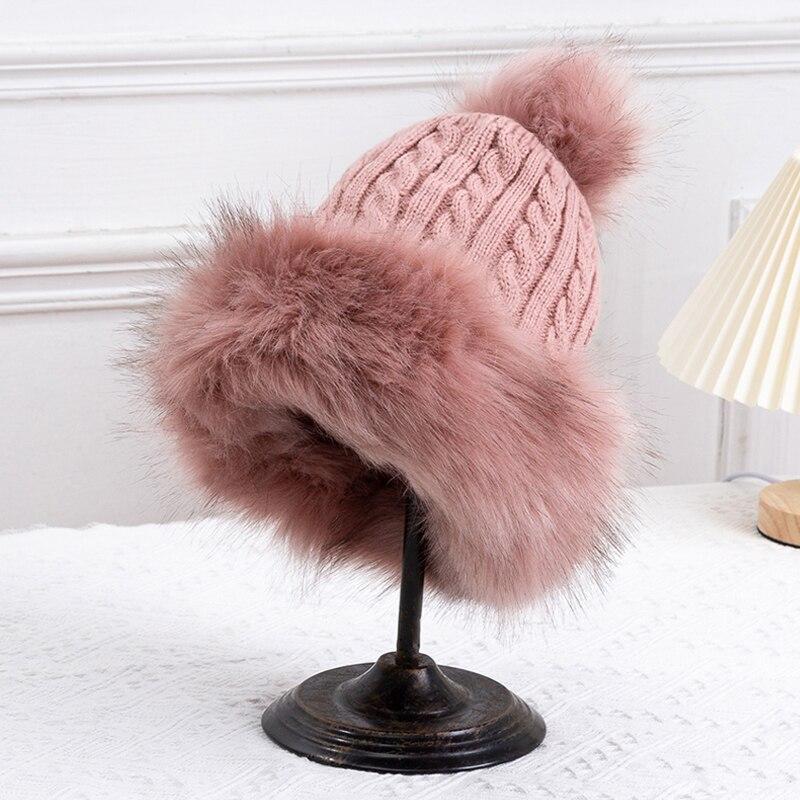 

Вязаная шапка для женщин, зимняя утолщенная плюшевая шапка из мягкой шерсти с помпоном, женские уличные теплые шапочки, женская кепка One Size розовый