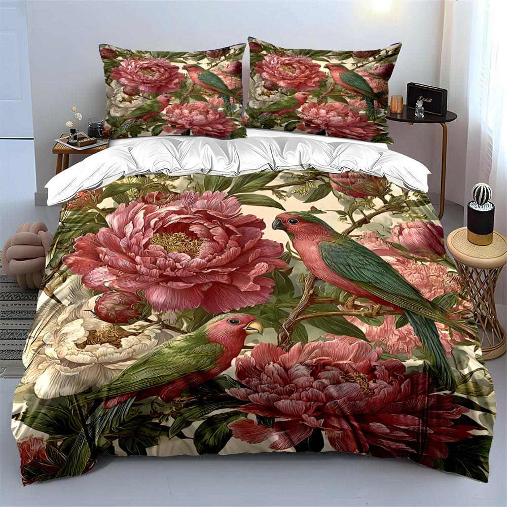 Floral Parrots Decorative Print Bedding Duvet Cover Set (1*Duvet Cover 2*Pillowcases, without duvet insert)