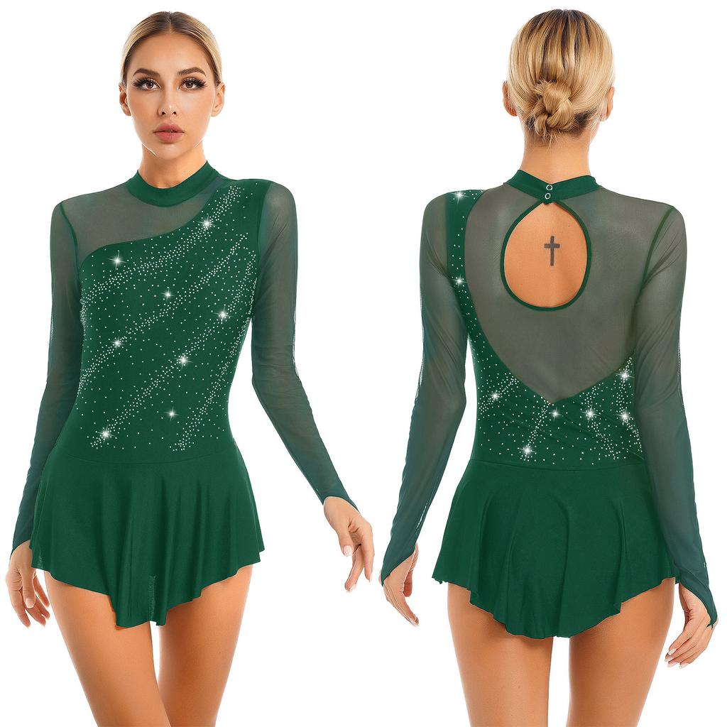 Acheter Costume De Patinage Artistique En Strass Pour Femmes, Justaucorps De Gymnastique Et De Danse De Ballet à Manches Longues