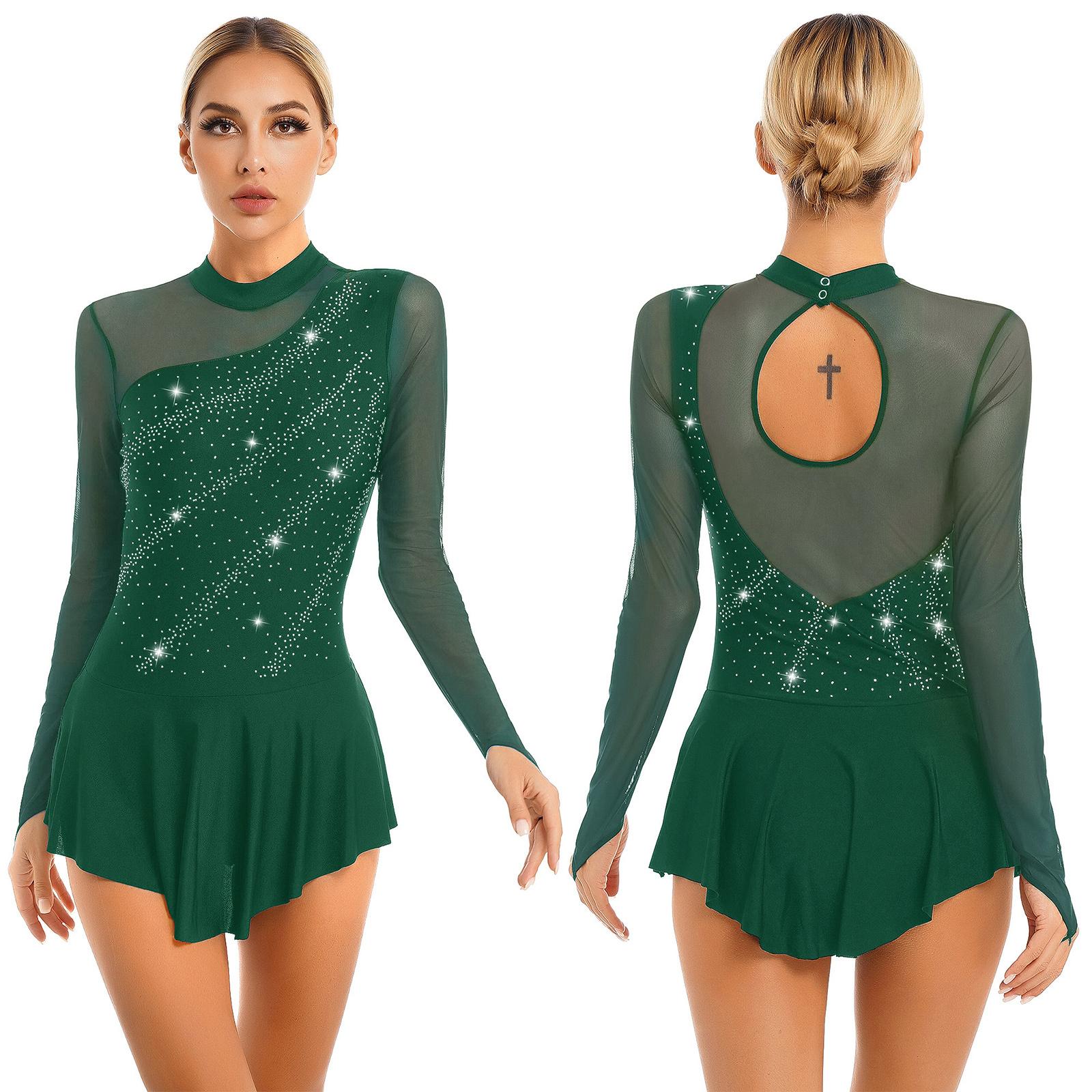 

Женские танцевальные платья для фигурного катания со стразами, прозрачное сетчатое лоскутное платье-трико с длинными рукавами L