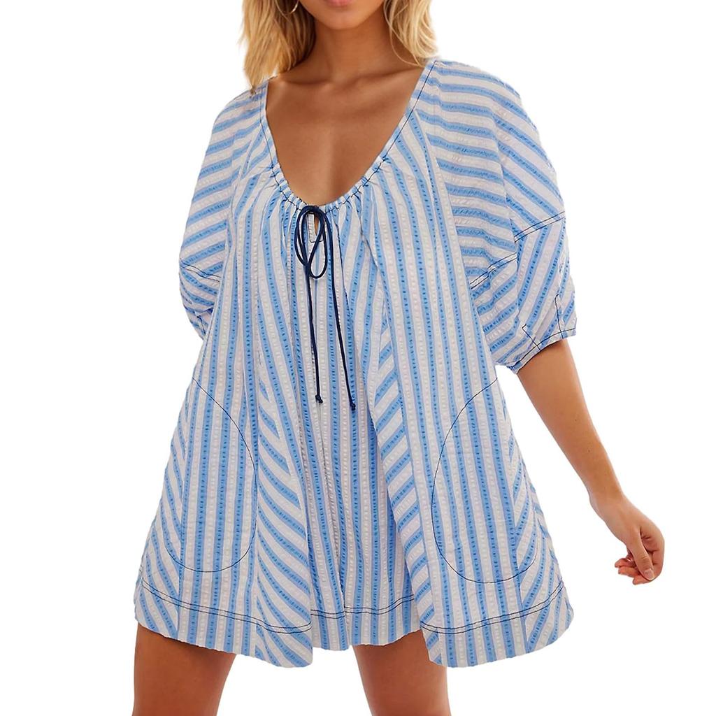 Summer Tshirt Rompers for Women,Casual Striped Puff Short Sleeve Rompers,Adjustable Neck Oversized Jumpsuit with Pockets