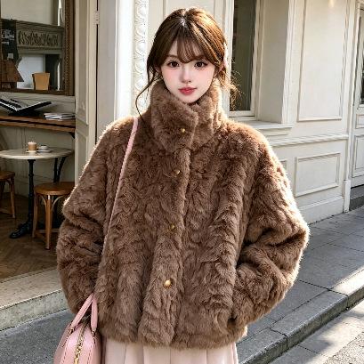 New lamb wool coat women's environmentally friendly fur loose and thickened short stand-up collar coat in winter with cotton to keep warm