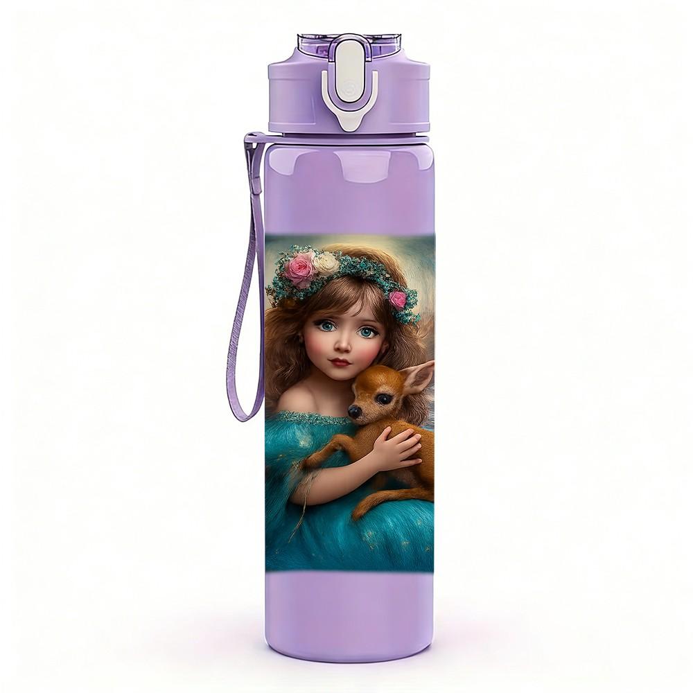 1PC Vintage Girl Oil Painting 750ml Color Plastic Sports Water Bottle Leakproof Flip Straw Lid Suitable for Sports Office Home Use