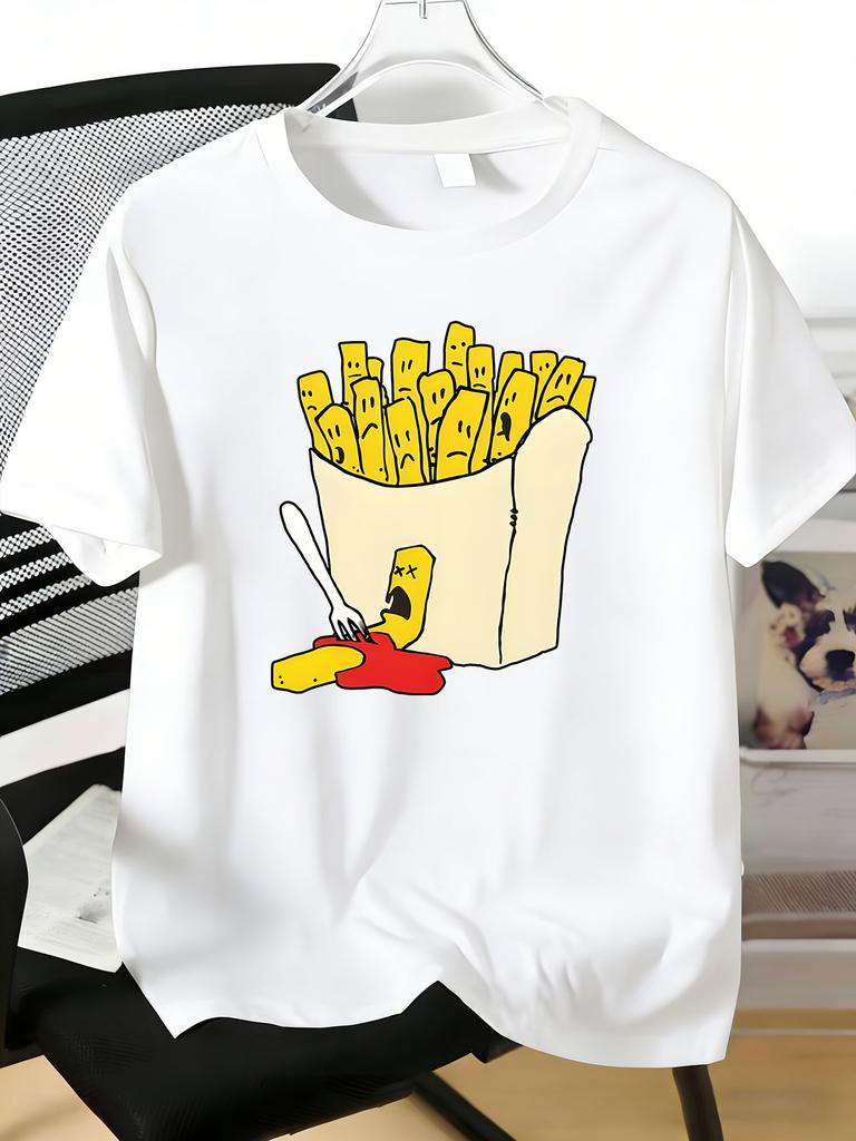 Unisexs Tee Cute Cartoon French Fries Food Print Cotton Short Sleeve Male Casual Streetwear Outdoor Daily Basic Fashion Top