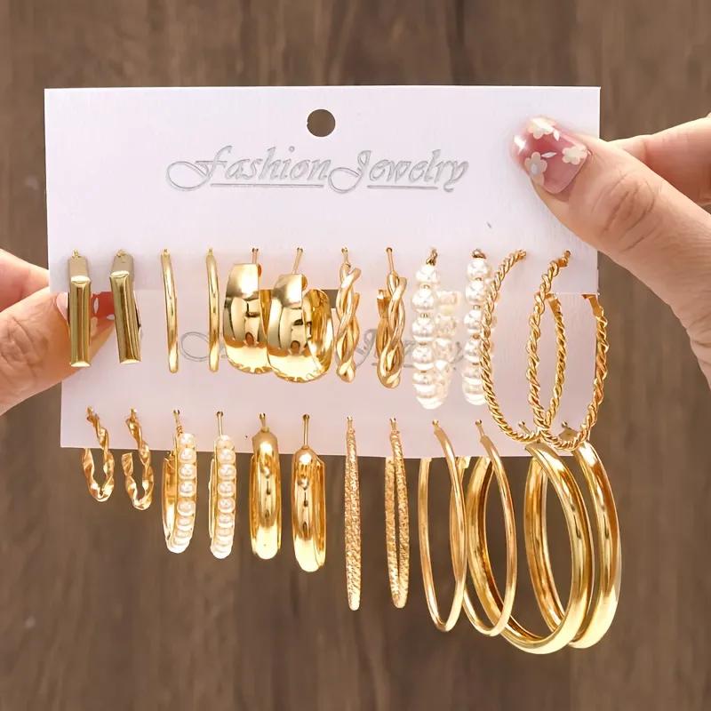 Boho Big Circle Hoop Earring Set for Women, Gold Color Bohemia Vintage Pearl Earring, Heart Zircon Ear Studs Jewelry Gifts