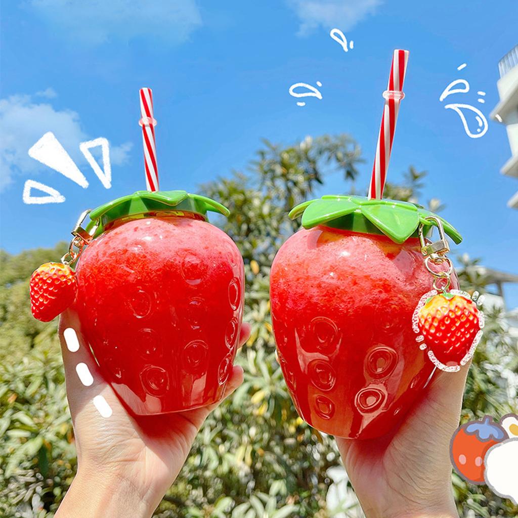 Summer Cute Strawberry Straw Water Bottle Cartoon Food Grade PP Milk Coffee Straw Cup for Home Drinkware