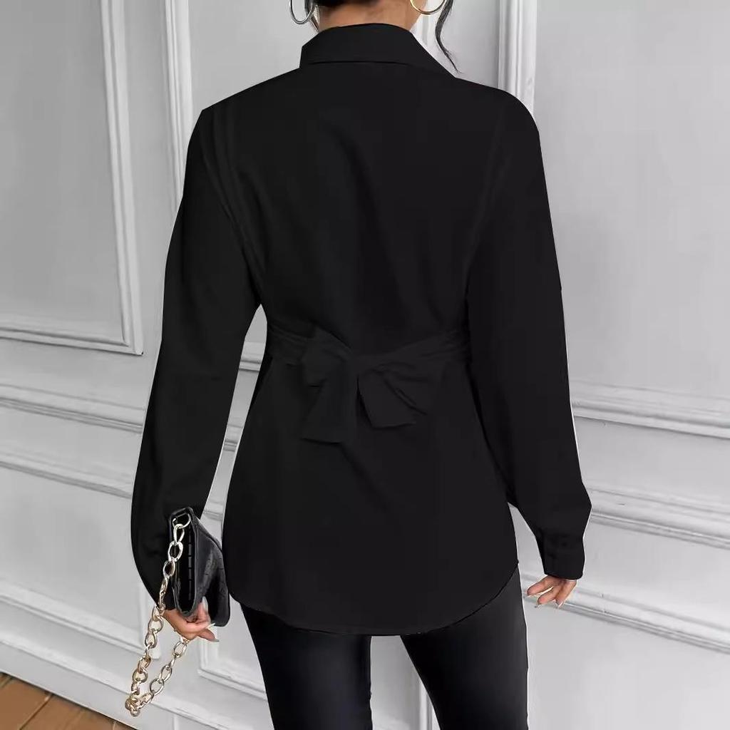 Women's Fashion Casual Spring Fall Solid Color Print Long Sleeve POLO Neck Blouses & Shirts