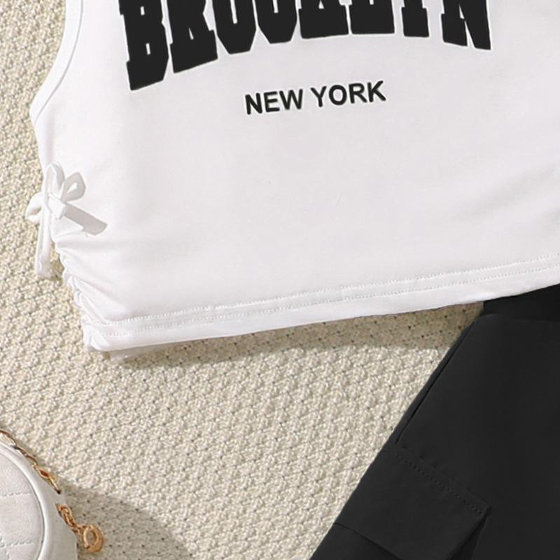New Girls' Summer Sleeveless Letter Print T-Shirt + American Style Cargo Pants 2-Piece Sets