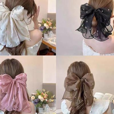 Fashion Ribbon Pearl Bow Hair Clips For Women Elegant Chiffon Bowknot Ponytail Clip Pin Bows Barrette Sweet Headwear Accessories