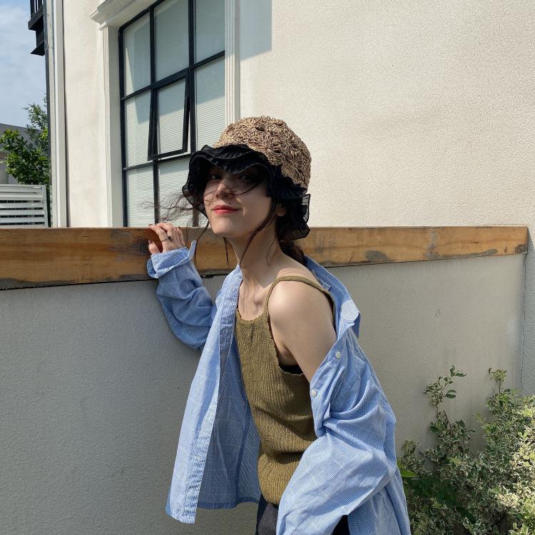 Japanese Hollow Woven Lace Edge Straw Hat Women'S Summer Sweet Versatile Lotus Leaf Edge Bucket Hat Showing Face Small Vacation Pot Hat