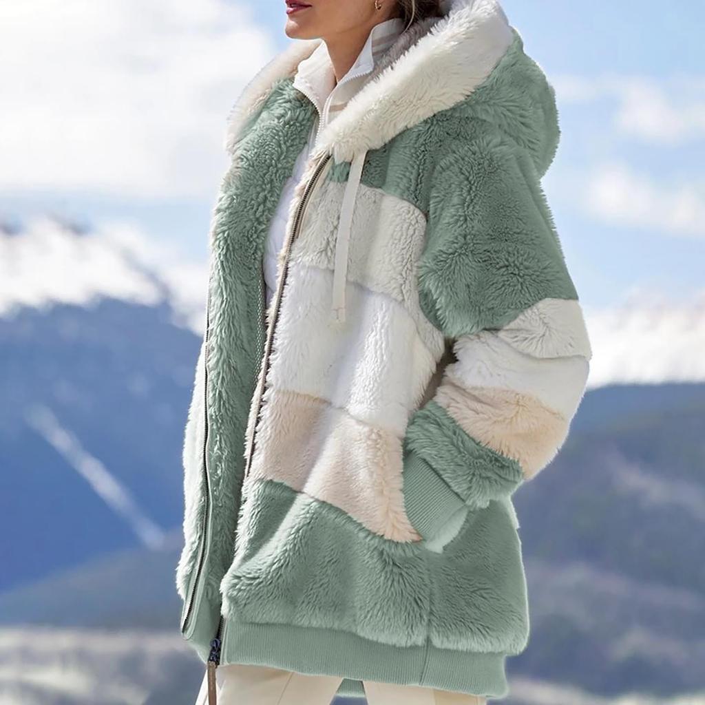 Womens Fashion Splicing Winter Loose Plush Long Sleeve Zipper Pocket Hooded Coat