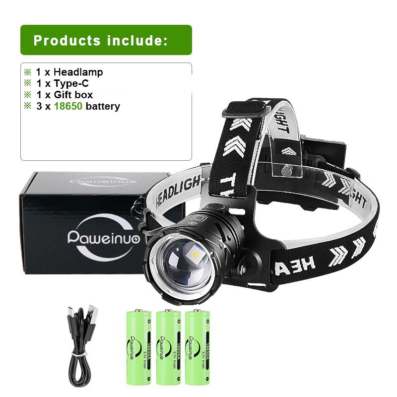 81111111LM Powerful LED Headlamp Bright Type-C Rechargeable 1*18611 Head Flashlight Camping Searching Hunting Fishing Lantern