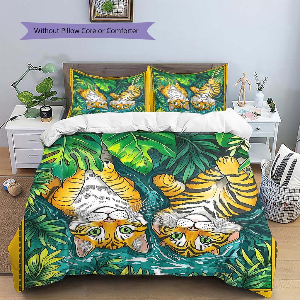 Two Tigers Pattern Bedding Quilt Set Home Decoration Gift (1 * duvet cover + 2 * pillowcase, without core)
