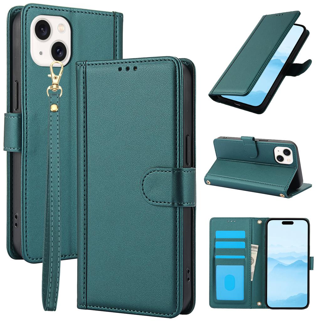SY-003 For iPhone 15 Plus/14 Plus Case PU Leather Stand View Phone Wallet Cover with Hand Strap