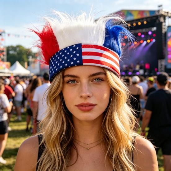 Novelty Patriotic Fuzzy Headband Independence Day Headband Comfortable Hair Accessory Creative Red White Blue Wig Hat Independence Day Empty Top Fans