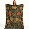 Antique Retro Floral Fleece Blanket,Dark Base Warm Tone Blossom Leaf Pattern Cozy Cover for Camping Office Living Room Daily Use
