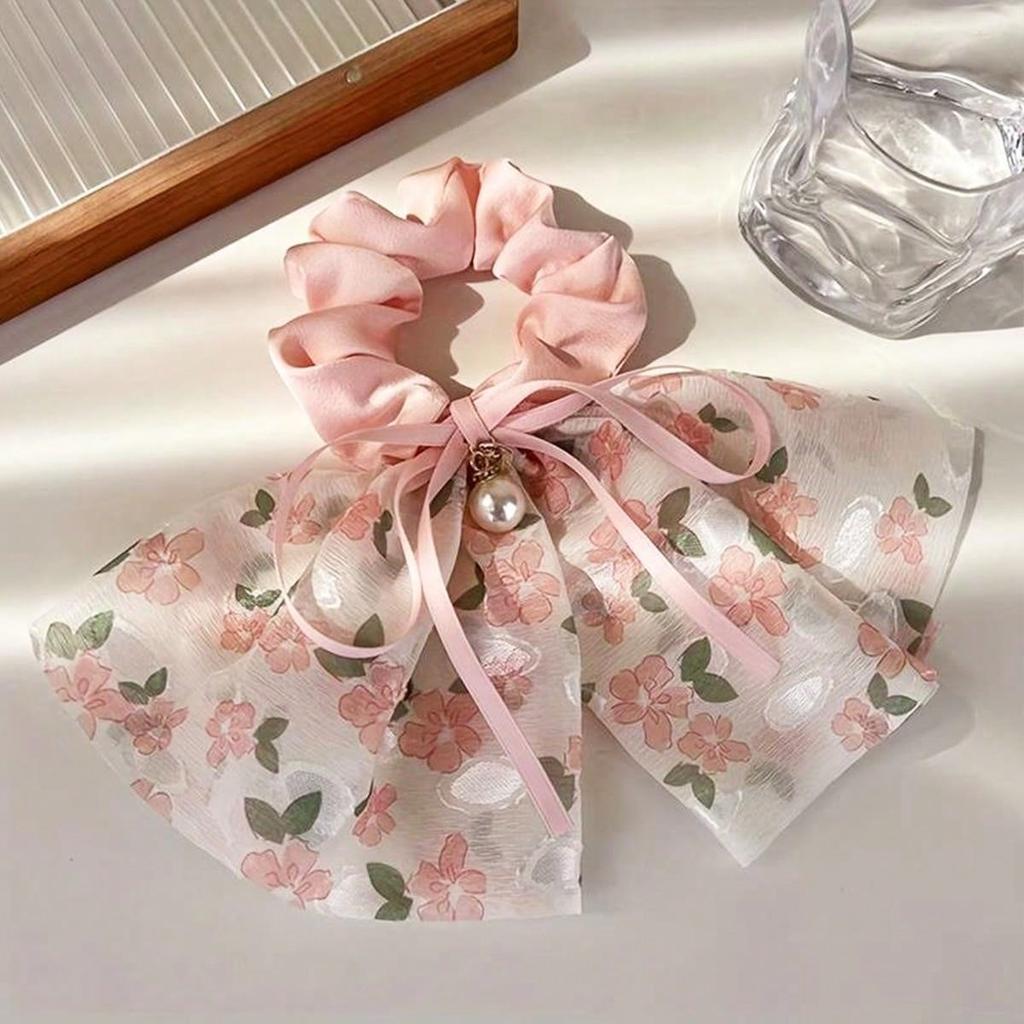 1pc Floral Bead Streamer Bowknot Hair Ties, High Ponytail Pill Hair Accessories, Holiday Gift