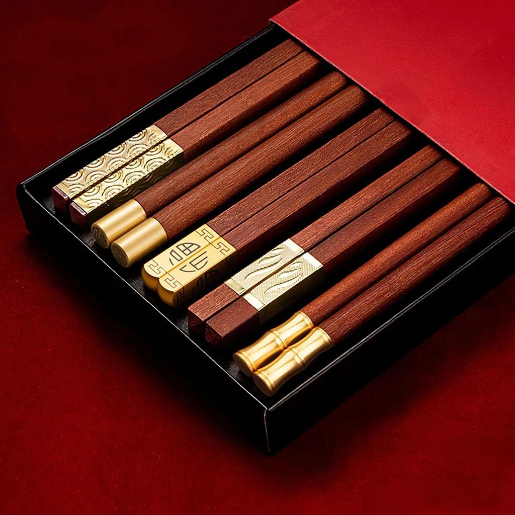 Red Wood 5/6/8/10 Pairs Chinese Chopsticks High Quality Beautiful Tableware Non Slip Sushi Food Grade Kitchen Chopstick Set