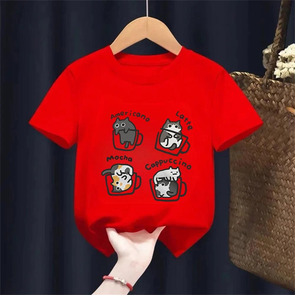 Cat Coffee Pure Cotton Trendy Summer Kids Short Sleeved Tshirt BoyGirl Original Mocha Latte Cat Three Flowers Fun Cat Tees 100