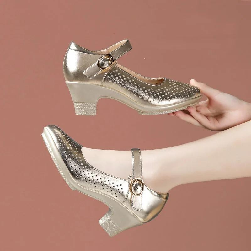 5.5cm Small Breathable Cutout Block Heels Shoes Mary Janes Soft Leather Platform Pumps for Mom Dance Model