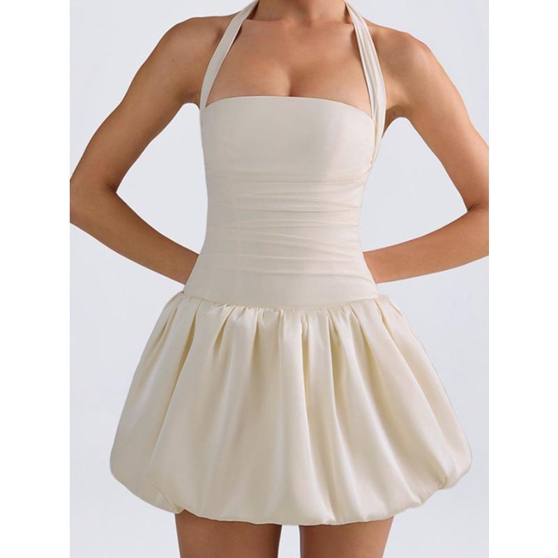 Women's Summer Pleated Backless Sexy Lace Up One Line Neck Princess Dress