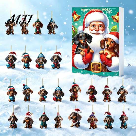 Regalo per Festa di Natale Calendari dell'Avvento Bassotto 2026, 24 Giorni Ciondolo Acrilico 2D Decorazione da Appendere all'Albero Calendario del Conto alla Rovescia, Ornamenti da Collezione Cane,