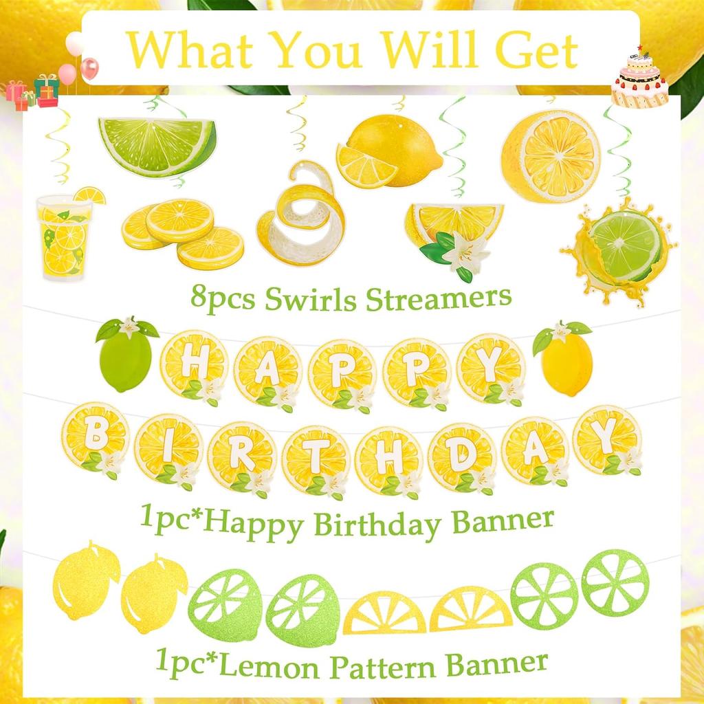 10pcs Lemon Birthday Decorations Set - Lemon Birthday Banner, Fruit Shape Hanging Swirl, Party Hanging Decor for Fruit Theme Party Favors