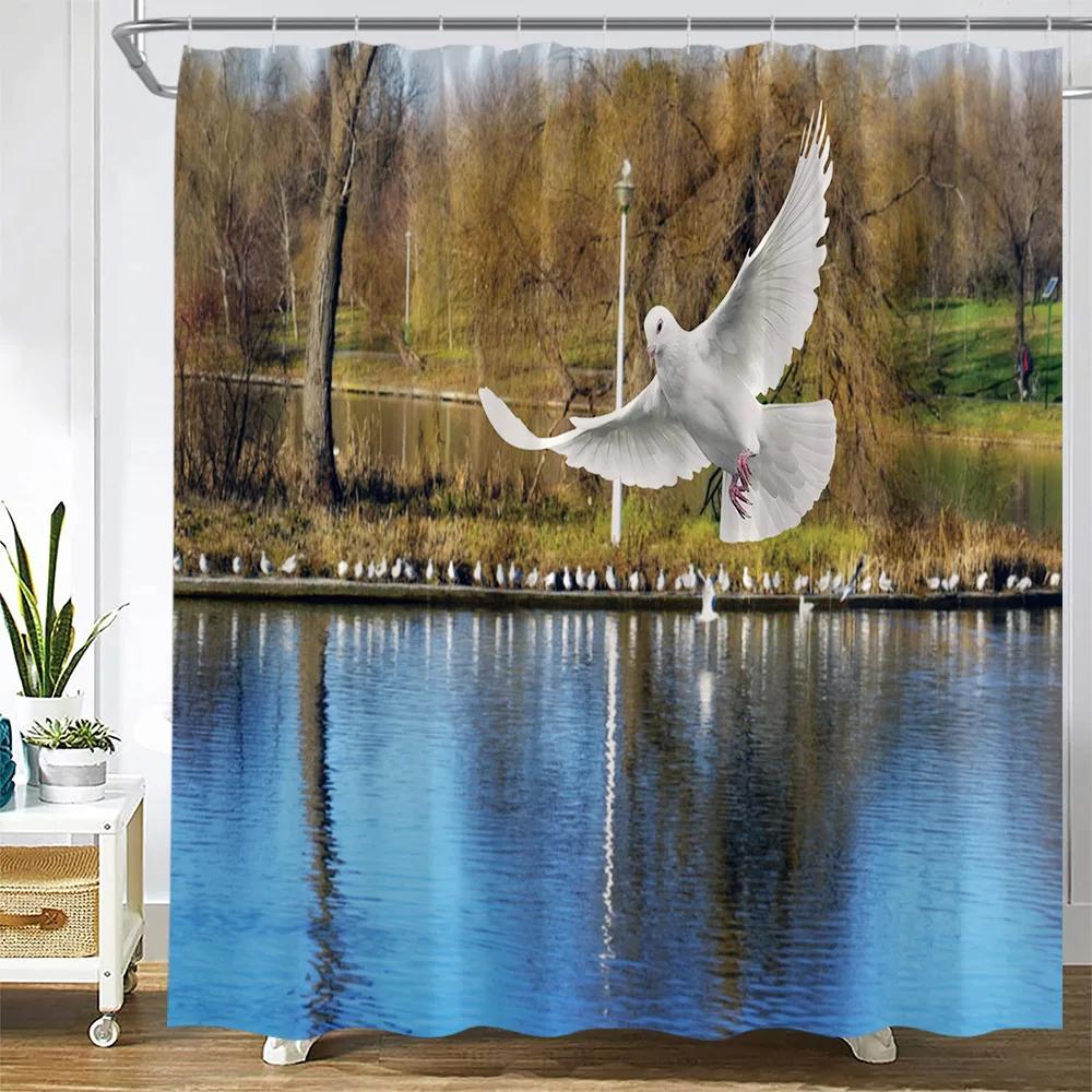 Scenic Forest Waterfall Shower Curtain Tropical Jungle Plants Trees Lake Nature Landscape Wall Hanging Bathroom Decor Curtains