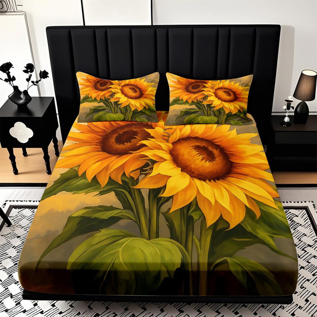 Home Textiles Sunflower Pattern 3D Digital Printing Sanded Sheet Three-Piece Set, Pattern