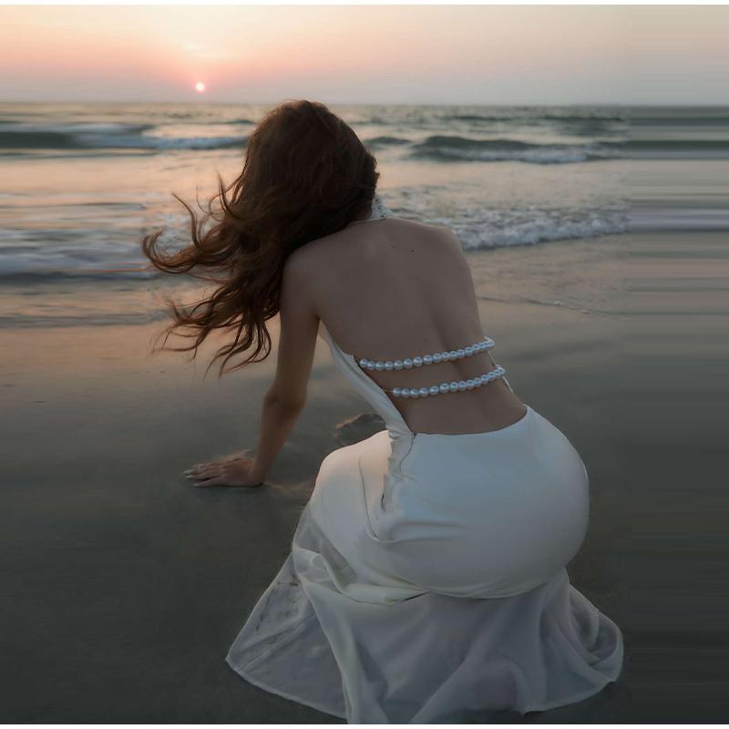 Women's Satin Sexy V-neck Temperament Halter Dress Summer New Slim Long Skirt Halter