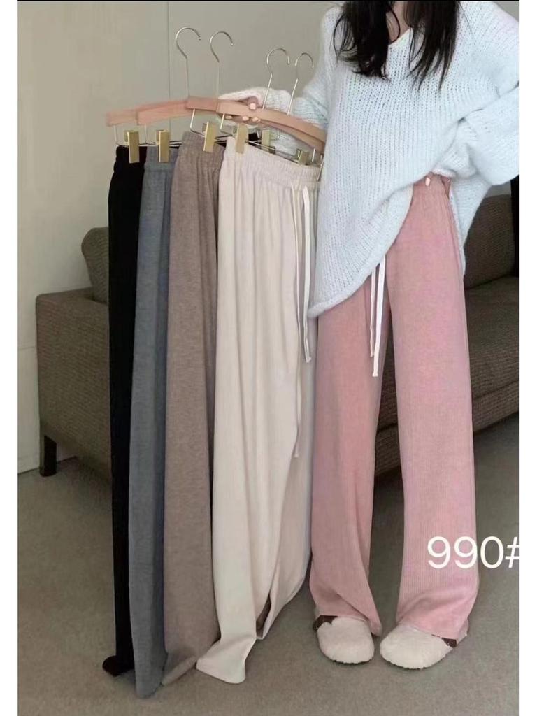 Women's Spring Style Wide-Leg Imitation Cashmere Drawstring Pants - Casual Floor-Length Hong Kong Fashion
