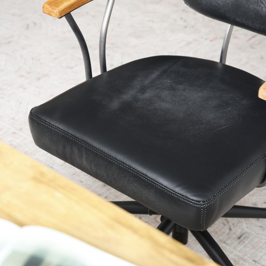 Home Office Schreibtischstuhl, Ergonomischer Ledersessel für den Computer mit Rollen und Eichenholz-Armlehnen, Höhenverstellbarer Drehstuhl für Führungskräfte