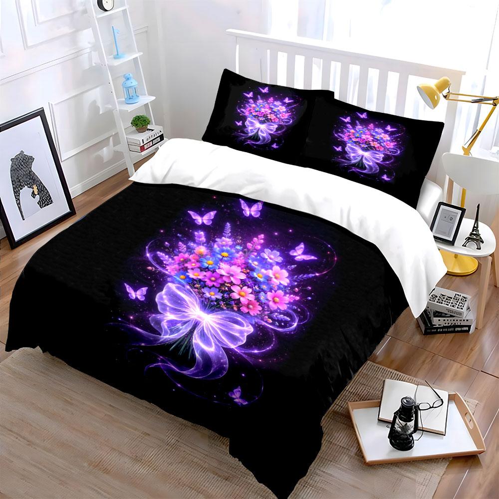 Purple Flowers and Butterflies Bedding Duvet Cover Set (1*Duvet Cover 2*Pillowcases, without duvet insert)