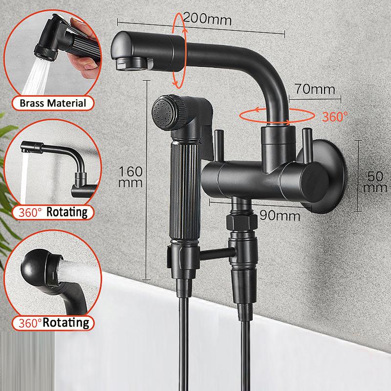 Baterie Neagră Monocomandă pentru Apă Rece Cupru Montată pe Perete Rotativă 360 Baterii Lavabo Baie Robinet Piscină Mop Balcon Exterior Argintiu Robinet Invizibil