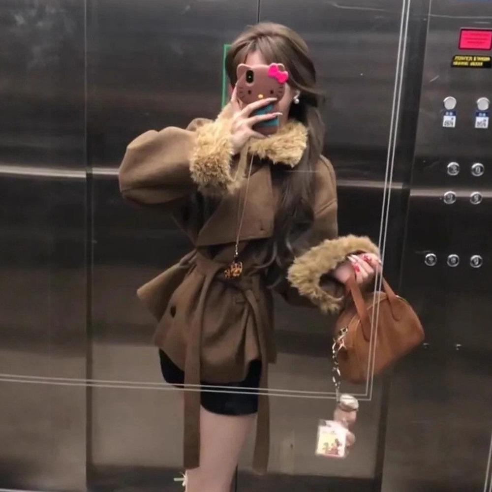 

Корейское высококачественное плюшевое стеганое пальто с кофейными патчами: Женское зимнее шерстяное пальто для похудения, Новинка, Универсальный стиль XL