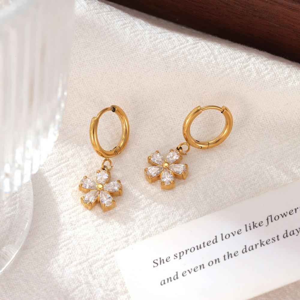 Trendy Cubic Zirconia Flower Earrings Cute Pendant Gold Plated Stainless Steel Non Tarnish Waterproof Hoop Earrings for Women