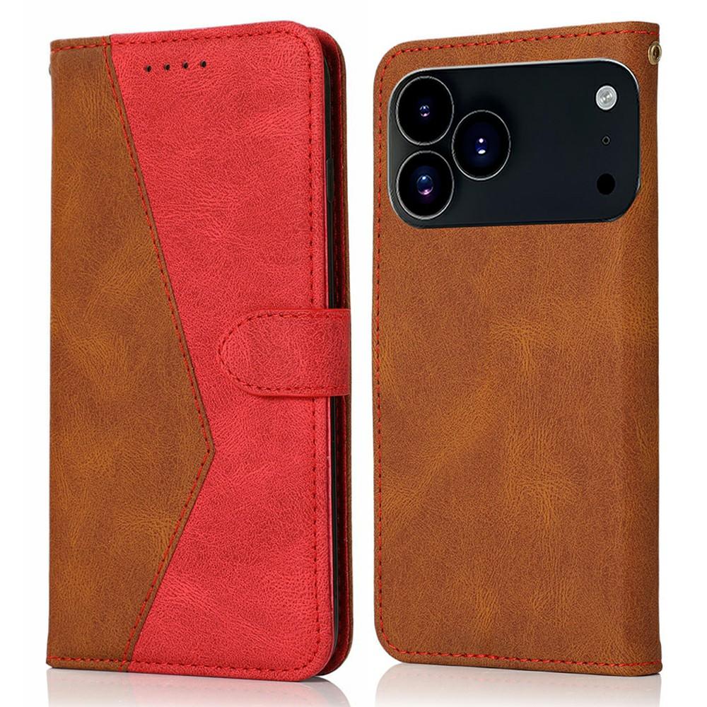 

For iPhone 17 Pro Max Case Color Splicing Wallet Stand Leather Phone Cover with Wrist Strap Brown/Red