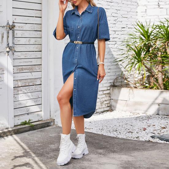 

Denim Dress for Women Short Sleeve Jean Dress Button Down Lapel Shirt Dress Summer Midi Shift Dress with Pockets L светло-синий