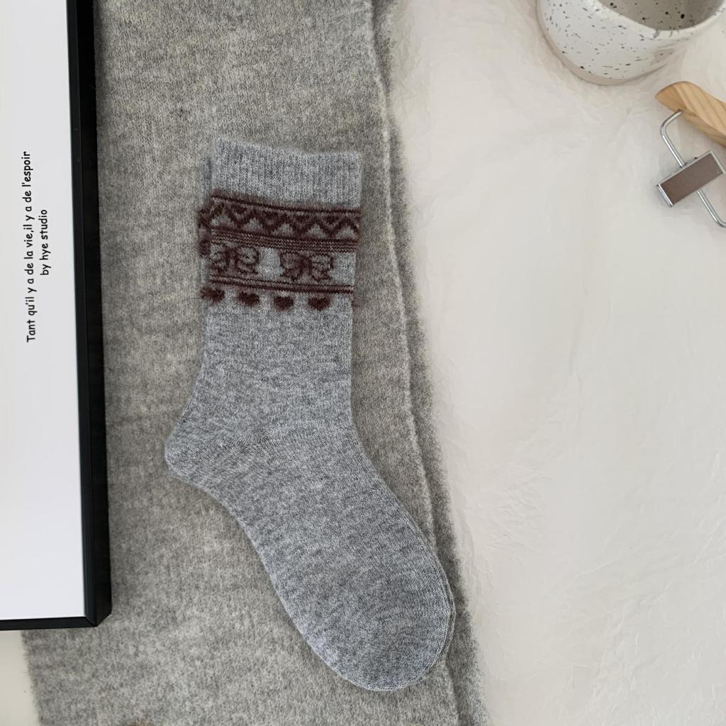 Retro Style Wool Socks with Plush Ribbon Bow - Mid-Calf, Color Block, Feather Yarn - Cozy Autumn Winter Warmth for Home & Casual Wear