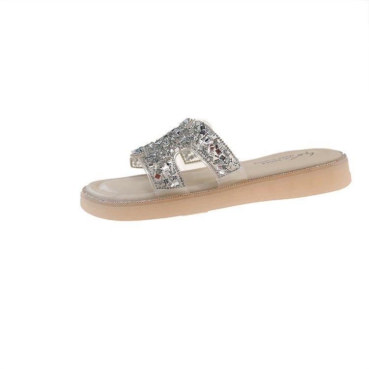 

[youshilai] French rhinestone cool slippers 2025 new summer fashion versatile thick-bottomed one-word slippers 40