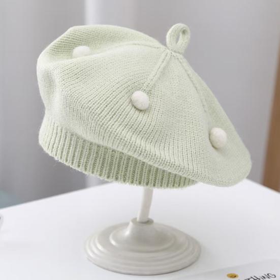 French Style Beret Hat Plush Ball Decor Baby Beret Hat with Anti-Slip Design Elastic Fit Warm Knitting Hat Autumn Winter Headwear