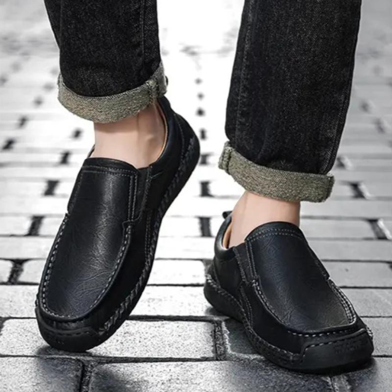 Hand-Sewn Casual Leather Shoes Color-Blocked Slip-On Loafers Men'S Non-Slip Sole Breathable Comfortable Walking Shoes