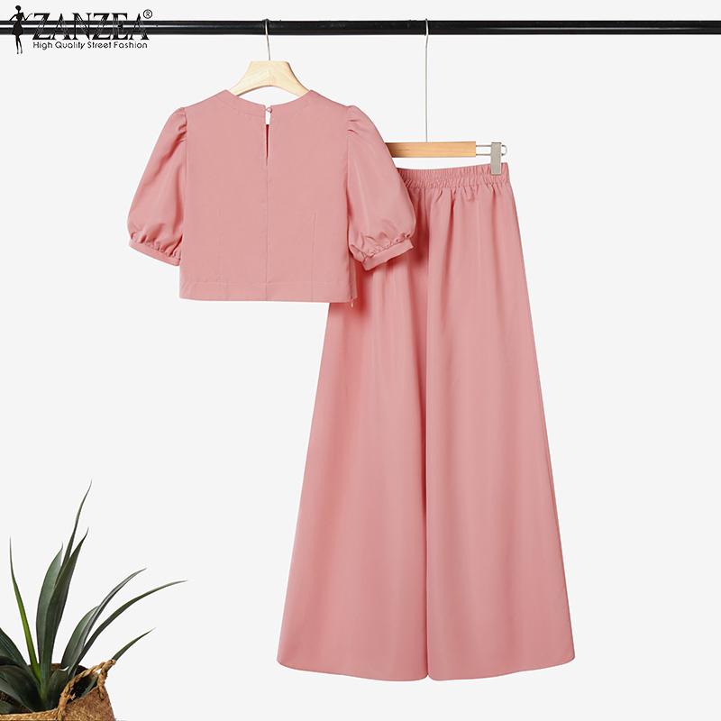 ZANZEA Women Short Sleeve Cropped Tops and Wide Leg Pants Two Piece Suit Sets