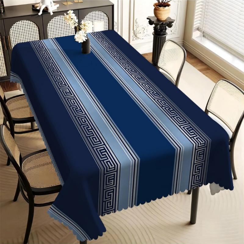 Stijlvol Traditioneel Blauw Tafelkleed, Griekse Sleutelpatroon met Gestreept Ontwerp, Duurzaam Stof met Golvende Rand, voor Binnen Eten 140x240cm